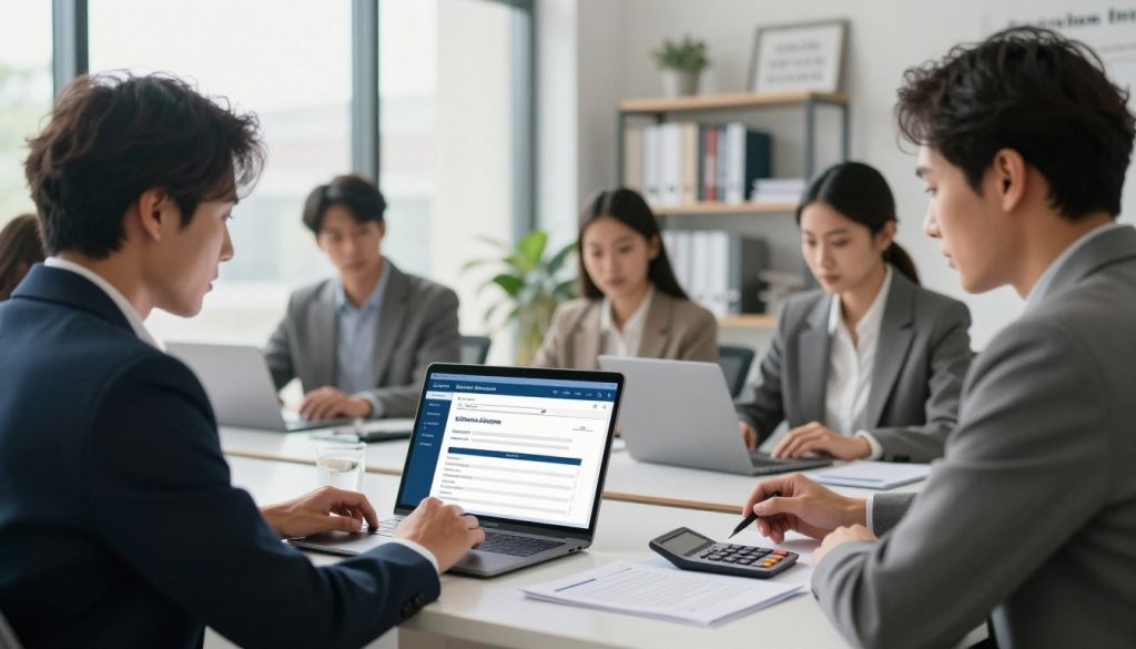 A clear view of a modern office workspace focusing on the process of filling out an online loan application. In the foreground, a diverse group of professionals in business attire—two adults, a woman and a man—are seated at a sleek desk, intently discussing the application process on a laptop. Bright, natural light filters in through large windows, creating a welcoming atmosphere. The middle ground features a digital tablet displaying a loan application interface, with documents and a calculator beside it, emphasizing the organized nature of the task. The background includes shelves filled with financial books and inspirational quotes on the walls, contributing to a professional ambiance. The overall mood is focused and efficient, highlighting the convenience of online financial services.