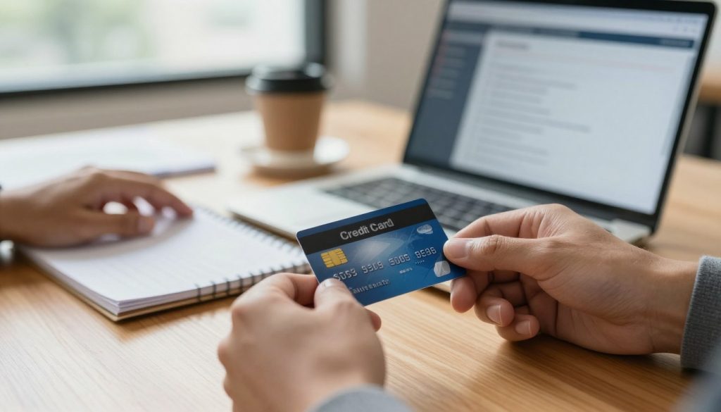 A close-up view of a pair of hands placing a credit card on a wooden table, beside an open laptop displaying a financial management application. In the background, a blurred office setting conveys a professional atmosphere, with a soft-focus coffee cup and paperwork visible. The scene is illuminated by warm, natural light streaming through a nearby window, creating a sense of trust and clarity. The mood is focused and serious, reflecting the importance of managing credit card debt responsibly. The hands are dressed in business attire, conveying professionalism and diligence. The composition should evoke a sense of determination and financial responsibility, emphasizing the theme of effective debt repayment and closure. A close-up view of a pair of hands placing a credit card on a wooden table, beside an open laptop displaying a financial management application. In the background, a blurred office setting conveys a professional atmosphere, with a soft-focus coffee cup and paperwork visible. The scene is illuminated by warm, natural light streaming through a nearby window, creating a sense of trust and clarity. The mood is focused and serious, reflecting the importance of managing credit card debt responsibly. The hands are dressed in business attire, conveying professionalism and diligence. The composition should evoke a sense of determination and financial responsibility, emphasizing the theme of effective debt repayment and closure.