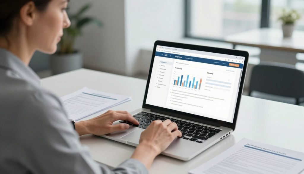 A close-up view of a professional businessperson, a middle-aged Caucasian woman, sitting at a modern desk with a laptop open in front of her, deeply engaged in an online loan application process. The foreground features her focused expression and neatly arranged documents next to her. In the middle, the laptop screen shows a user-friendly interface with graphs and an application form. The background showcases a sleek, contemporary office environment with soft, natural lighting filtering through a large window, casting gentle shadows. The atmosphere conveys a sense of optimism and professionalism, ideal for illustrating the process of obtaining online credit swiftly and conveniently. A close-up view of a professional businessperson, a middle-aged Caucasian woman, sitting at a modern desk with a laptop open in front of her, deeply engaged in an online loan application process. The foreground features her focused expression and neatly arranged documents next to her. In the middle, the laptop screen shows a user-friendly interface with graphs and an application form. The background showcases a sleek, contemporary office environment with soft, natural lighting filtering through a large window, casting gentle shadows. The atmosphere conveys a sense of optimism and professionalism, ideal for illustrating the process of obtaining online credit swiftly and conveniently.
