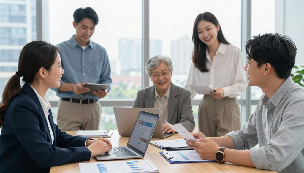 A diverse group of individuals gathered in a modern, professional office setting, representing potential clients of a financial company. In the foreground, a middle-aged woman in smart business attire is discussing with a young man in casual but professional clothing. They are surrounded by visual elements like documents and a laptop, symbolizing financial services. In the middle ground, a senior couple is seated at a table, reviewing financial plans, while a young couple stands nearby, expressing interest and engagement. The background features a cityscape through large windows, illuminating the room with natural light, creating a positive and hopeful atmosphere. The overall mood is one of collaboration and opportunity, focusing on the theme of financial accessibility for diverse customers.