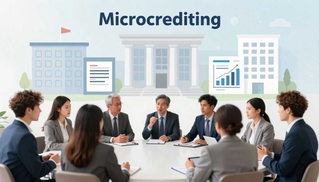 A dynamic illustration highlighting the advantages of microcrediting over traditional bank loans. In the foreground, depict a diverse group of professional individuals engaging in a discussion, showcasing enthusiasm and collaboration. They are dressed in smart business attire, exuding confidence. In the middle ground, display symbols of microcrediting, like small loan applications or simplified financial graphs, contrasting with large, intimidating bank buildings in the background, which represent traditional financing. The lighting should be bright and optimistic, creating a welcoming atmosphere. Use a wide-angle lens effect to emphasize the contrast between the accessibility of microloans and the rigidity of bank loans. The overall mood should convey innovation, opportunity, and empowerment in the financial landscape. A dynamic illustration highlighting the advantages of microcrediting over traditional bank loans. In the foreground, depict a diverse group of professional individuals engaging in a discussion, showcasing enthusiasm and collaboration. They are dressed in smart business attire, exuding confidence. In the middle ground, display symbols of microcrediting, like small loan applications or simplified financial graphs, contrasting with large, intimidating bank buildings in the background, which represent traditional financing. The lighting should be bright and optimistic, creating a welcoming atmosphere. Use a wide-angle lens effect to emphasize the contrast between the accessibility of microloans and the rigidity of bank loans. The overall mood should convey innovation, opportunity, and empowerment in the financial landscape.