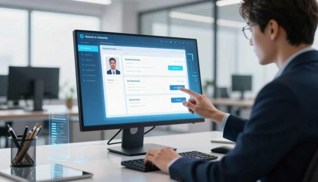 A futuristic digital workspace displaying a personal account interface on a glowing monitor. In the foreground, a professional person dressed in smart business attire is interacting with the interface, thoughtfully studying the access recovery options. The middle ground features sleek technology elements like a keyboard and holographic data streams. In the background, a modern office with large windows allows soft, natural light to illuminate the scene, creating an inviting yet high-tech atmosphere. The overall mood is one of focus and empowerment, emphasizing the importance of regaining access to personal profiles in a digital age. The angle captures both the individual and their crucial work environment. A futuristic digital workspace displaying a personal account interface on a glowing monitor. In the foreground, a professional person dressed in smart business attire is interacting with the interface, thoughtfully studying the access recovery options. The middle ground features sleek technology elements like a keyboard and holographic data streams. In the background, a modern office with large windows allows soft, natural light to illuminate the scene, creating an inviting yet high-tech atmosphere. The overall mood is one of focus and empowerment, emphasizing the importance of regaining access to personal profiles in a digital age. The angle captures both the individual and their crucial work environment.