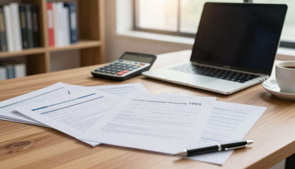 A meticulously organized desk in a professional office setting, showcasing essential documents for obtaining a loan. In the foreground, several important papers are neatly stacked, including a loan application form, identification proofs, and income statements, all with clear headers but no text. The middle ground features a polished laptop open to a financial calculator, alongside a pen and a coffee mug, reflecting a focused work atmosphere. The background consists of a soft-focus bookshelf filled with finance books and a window letting in warm, natural light, creating a welcoming and serious mood. The image is shot at a slight angle with a shallow depth of field to emphasize the documents while keeping the workspace context visible.