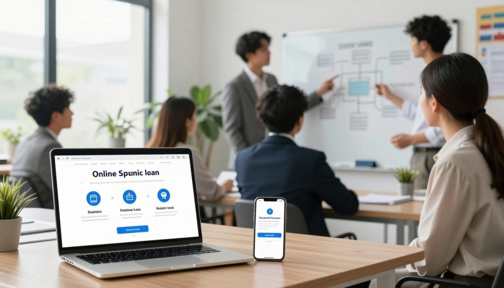 A modern and professional workspace featuring a step-by-step online loan process. In the foreground, a sleek laptop displays a user-friendly website interface with clear steps for applying for a loan. Beside the laptop, a smartphone shows notifications about loan approval status. In the middle, a diverse group of professionals in business attire are engaged in discussion, pointing at a flowchart on a whiteboard that outlines the loan application process. The background showcases a bright, well-lit office with potted plants and motivational posters. Soft natural lighting filters in through large windows, creating a collaborative and optimistic atmosphere, symbolizing clarity and trust in financial decisions.
