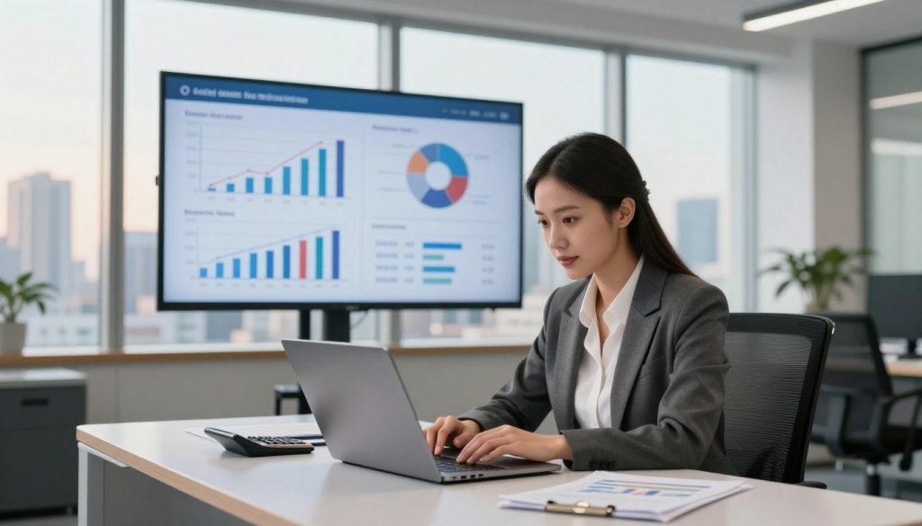 A modern bank office interior showcasing a professional businesswoman reviewing credit conditions on a laptop. In the foreground, she is seated at a sleek desk, surrounded by financial documents and a calculator. The middle ground features a large screen displaying data charts and graphs illustrating interest rates and loan conditions. The background showcases a wall of windows with a city skyline view, letting in warm, natural light for a bright atmosphere. The scene is crisp and well-lit, conveying an atmosphere of professionalism and focus. The businesswoman should be dressed in business attire, projecting confidence and expertise, without any distractions like text or watermarks. A modern bank office interior showcasing a professional businesswoman reviewing credit conditions on a laptop. In the foreground, she is seated at a sleek desk, surrounded by financial documents and a calculator. The middle ground features a large screen displaying data charts and graphs illustrating interest rates and loan conditions. The background showcases a wall of windows with a city skyline view, letting in warm, natural light for a bright atmosphere. The scene is crisp and well-lit, conveying an atmosphere of professionalism and focus. The businesswoman should be dressed in business attire, projecting confidence and expertise, without any distractions like text or watermarks.
