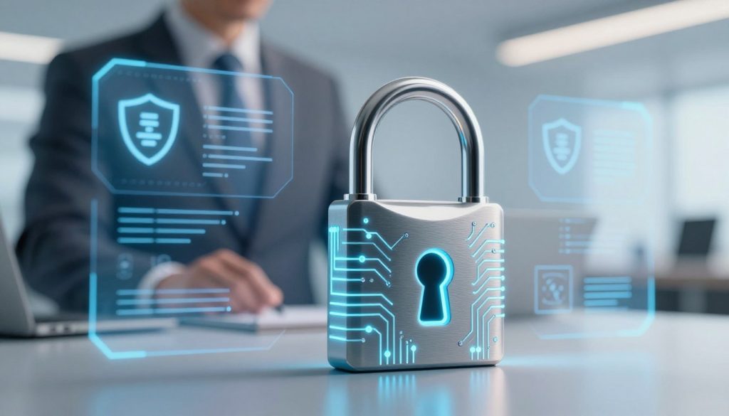 A modern digital illustration depicting data security focused on credit information. In the foreground, a sleek padlock made of glowing circuitry symbolizes secure data protection. The middle ground features a high-tech interface displaying abstract data streams and shield icons, representing confidentiality and trust. In the background, a blurred image of a professional business environment, with hints of office furniture and soft glowing screens, conveys a sense of safety and professionalism. The lighting is soft and diffused, suggesting a calm and secure atmosphere. The perspective is slightly angled to create depth, emphasizing the importance of data security in financial transactions. The overall mood is reassuring and confident, reflecting the essence of data protection and privacy in credit matters. A modern digital illustration depicting data security focused on credit information. In the foreground, a sleek padlock made of glowing circuitry symbolizes secure data protection. The middle ground features a high-tech interface displaying abstract data streams and shield icons, representing confidentiality and trust. In the background, a blurred image of a professional business environment, with hints of office furniture and soft glowing screens, conveys a sense of safety and professionalism. The lighting is soft and diffused, suggesting a calm and secure atmosphere. The perspective is slightly angled to create depth, emphasizing the importance of data security in financial transactions. The overall mood is reassuring and confident, reflecting the essence of data protection and privacy in credit matters.