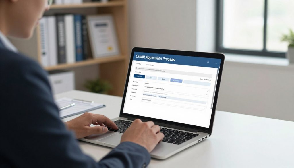 A modern office setting depicting the credit application process. In the foreground, a professional individual in business attire is seated at a desk, attentively filling out a digital application form on a sleek laptop. In the middle, a clear view of the laptop screen reveals sections of the application, with visible fields for personal information and loan specifics. To the background, shelves filled with financial books and certificates emphasize a sense of professionalism. Soft natural light filters through a large window, casting gentle shadows and creating a welcoming atmosphere. The mood is focused and positive, embodying the anticipation of securing a loan. The angle is slightly elevated, allowing for a comprehensive view of the space and subject without any text or distractions. A modern office setting depicting the credit application process. In the foreground, a professional individual in business attire is seated at a desk, attentively filling out a digital application form on a sleek laptop. In the middle, a clear view of the laptop screen reveals sections of the application, with visible fields for personal information and loan specifics. To the background, shelves filled with financial books and certificates emphasize a sense of professionalism. Soft natural light filters through a large window, casting gentle shadows and creating a welcoming atmosphere. The mood is focused and positive, embodying the anticipation of securing a loan. The angle is slightly elevated, allowing for a comprehensive view of the space and subject without any text or distractions.