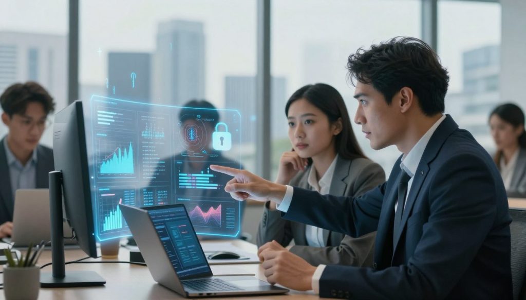 A modern office setting emphasizing online data security. In the foreground, a diverse group of professionals, including a man and a woman dressed in smart business attire, closely examine digital charts and graphs displayed on a transparent screen. The woman has a thoughtful expression, while the man points to a specific data point, demonstrating collaboration. In the middle, a sleek laptop rests on a desk with visible security software running. The background features a city skyline through large windows, with soft daylight filtering in, creating a calm atmosphere. Subtle elements like a digital lock and binary code floating in the air add to the theme of data protection. The overall mood is focused and professional, reflecting the importance of safeguarding personal information online.