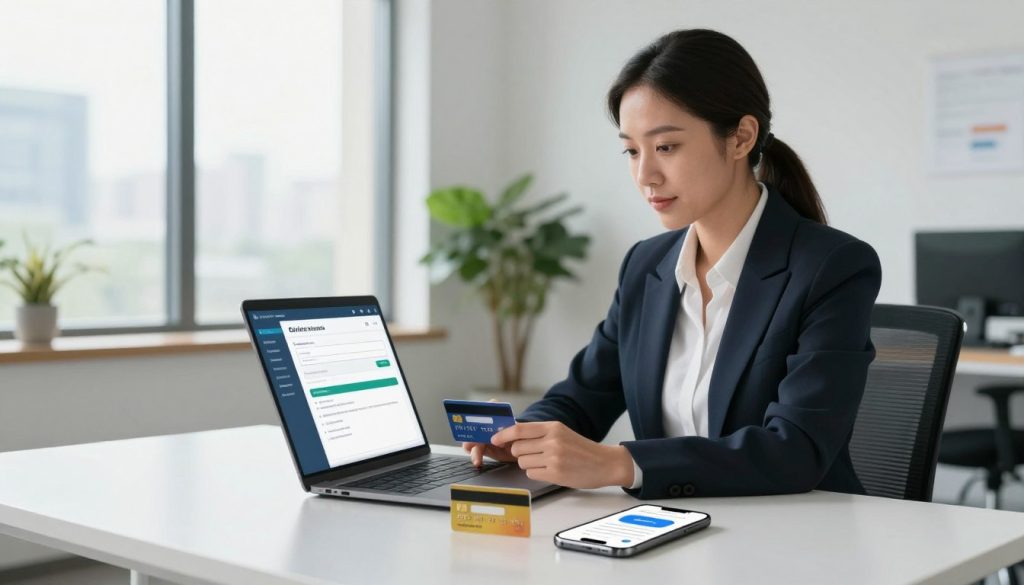 A modern office setting featuring a professional woman in business attire, sitting at a sleek desk with a laptop open, showing a digital interface for online loan applications. In the foreground, display a credit card and a smartphone with a financial app open, emphasizing the convenience of online services. The middle ground includes the woman engaged in the application process, her expression focused and determined. In the background, large windows let in natural light, illuminating a minimalist office design with plants and a cityscape visible outside. The atmosphere is professional and optimistic, symbolizing the ease of obtaining credit online in 2026. The lighting is bright and inviting, highlighting the technology and the professional setting. A modern office setting featuring a professional woman in business attire, sitting at a sleek desk with a laptop open, showing a digital interface for online loan applications. In the foreground, display a credit card and a smartphone with a financial app open, emphasizing the convenience of online services. The middle ground includes the woman engaged in the application process, her expression focused and determined. In the background, large windows let in natural light, illuminating a minimalist office design with plants and a cityscape visible outside. The atmosphere is professional and optimistic, symbolizing the ease of obtaining credit online in 2026. The lighting is bright and inviting, highlighting the technology and the professional setting.