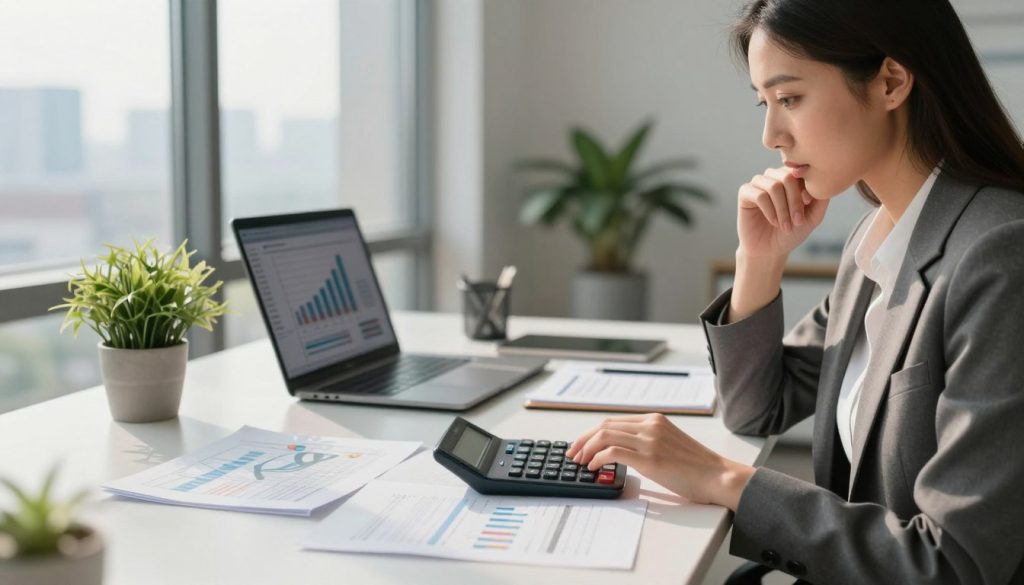 A modern office setting filled with an atmosphere of focus and determination. In the foreground, a professional businesswoman intently calculating interest rates on a financial calculator, her expression thoughtful. The middle ground features a sleek desk adorned with spreadsheets, a laptop displaying graphs, and a potted plant adding a touch of green. In the background, large windows let in natural light, illuminating the room and casting gentle shadows. Soft, warm lighting creates an inviting ambiance, while a city skyline is faintly visible through the glass, suggesting a bustling financial environment. The composition emphasizes clarity and professionalism, with a hint of urgency as she navigates the complexities of loan calculations. A modern office setting filled with an atmosphere of focus and determination. In the foreground, a professional businesswoman intently calculating interest rates on a financial calculator, her expression thoughtful. The middle ground features a sleek desk adorned with spreadsheets, a laptop displaying graphs, and a potted plant adding a touch of green. In the background, large windows let in natural light, illuminating the room and casting gentle shadows. Soft, warm lighting creates an inviting ambiance, while a city skyline is faintly visible through the glass, suggesting a bustling financial environment. The composition emphasizes clarity and professionalism, with a hint of urgency as she navigates the complexities of loan calculations.