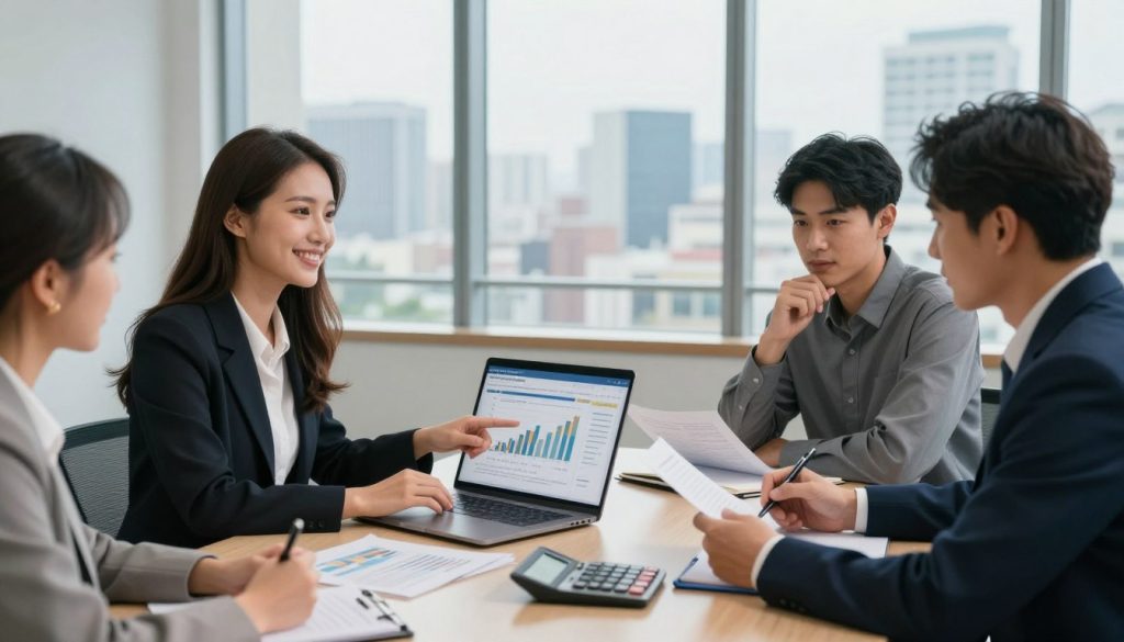 A modern office setting showcasing a group of diverse professionals engaged in a discussion about selecting a reliable lender. In the foreground, a well-dressed woman with a confident smile points to a laptop displaying financial graphs and loan options. Nearby, a thoughtful man takes notes, while another colleague examines documents, highlighting due diligence. The middle ground features a sleek conference table laden with financial reports and a calculator. In the background, large windows reveal a panoramic view of a bustling cityscape under soft, natural light that conveys a sense of optimism and professionalism. The atmosphere is focused and collaborative, emphasizing the importance of making informed financial decisions. The image is well-lit to enhance clarity and detail, creating a welcoming and serious tone.