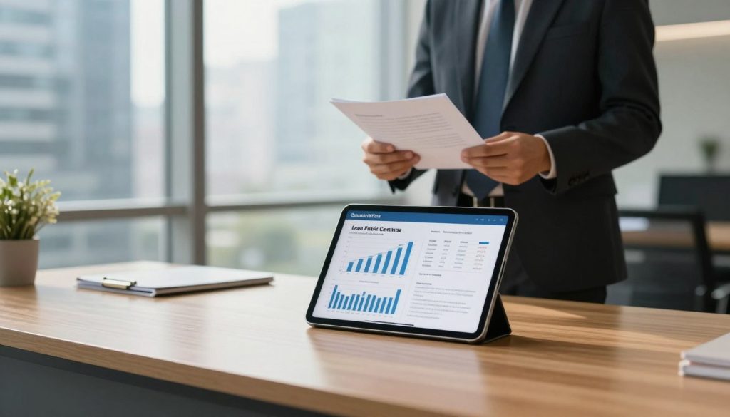 A modern office setting with a sleek wooden desk in the foreground, showcasing a tablet displaying financial charts and graphs related to loan conditions. In the middle ground, a confident business professional in formal attire stands, reviewing paperwork, embodying a focus on customer-friendly loan terms. The background reveals glass windows with a cityscape view, soft daylight streaming in to create a bright and inviting atmosphere. The scene conveys professionalism and clarity, emphasizing trust and transparency in financial decisions. Use a shallow depth of field to bring attention to the desk and the professional, with warm lighting to enhance the welcoming mood, capturing the essence of loan conditions and rates for clients in 2026. A modern office setting with a sleek wooden desk in the foreground, showcasing a tablet displaying financial charts and graphs related to loan conditions. In the middle ground, a confident business professional in formal attire stands, reviewing paperwork, embodying a focus on customer-friendly loan terms. The background reveals glass windows with a cityscape view, soft daylight streaming in to create a bright and inviting atmosphere. The scene conveys professionalism and clarity, emphasizing trust and transparency in financial decisions. Use a shallow depth of field to bring attention to the desk and the professional, with warm lighting to enhance the welcoming mood, capturing the essence of loan conditions and rates for clients in 2026.