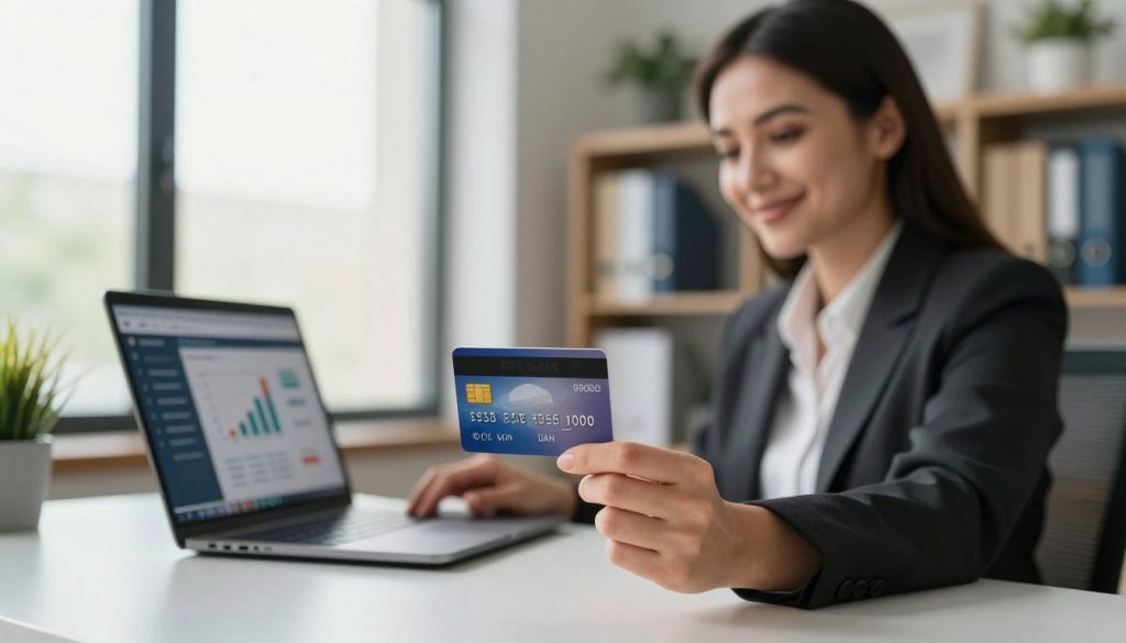 A modern, professional office setting showcasing a woman in business attire seated at a sleek desk, holding a bank card with a look of satisfaction. In the foreground, the card prominently displays a logo and the amount of 10,000 UAH prominently featured. The middle ground features a laptop open with financial applications and graphs visible on the screen, symbolizing ease of credit application. Soft, natural lighting filters through a large window, providing a warm atmosphere. In the background, shelves filled with financial books and plants add a sense of professionalism. The overall mood is optimistic and empowering, reflecting the ease and accessibility of obtaining a credit card. The image avoids any text, ensuring clarity and focus on the visual elements. A modern, professional office setting showcasing a woman in business attire seated at a sleek desk, holding a bank card with a look of satisfaction. In the foreground, the card prominently displays a logo and the amount of 10,000 UAH prominently featured. The middle ground features a laptop open with financial applications and graphs visible on the screen, symbolizing ease of credit application. Soft, natural lighting filters through a large window, providing a warm atmosphere. In the background, shelves filled with financial books and plants add a sense of professionalism. The overall mood is optimistic and empowering, reflecting the ease and accessibility of obtaining a credit card. The image avoids any text, ensuring clarity and focus on the visual elements.