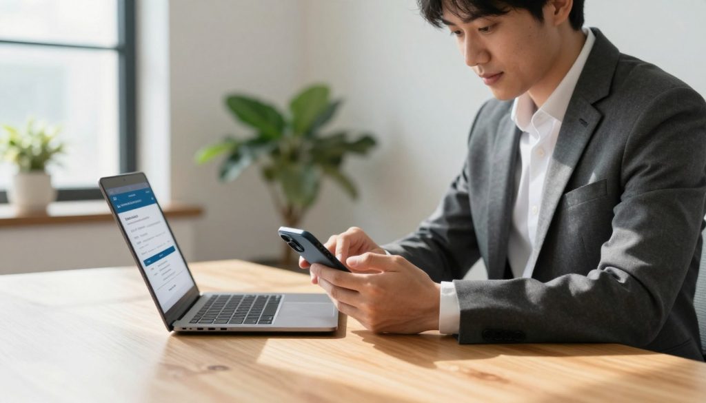 A modern, professional setting depicting a person using a smartphone to apply for an online loan. In the foreground, a young adult dressed in smart business attire, such as a tailored suit, is sitting at a sleek wooden desk, looking focused and engaged. The middle ground features a laptop open beside the smartphone, showing a user-friendly loan application interface. The background exhibits a stylish office environment with light-colored walls and a few potted plants, creating a sense of calm and efficiency. Natural light streams in from a large window, casting soft shadows and enhancing the atmosphere of professionalism and trust. The overall mood is optimistic and productive, reflecting the ease of obtaining a micro-loan online.
