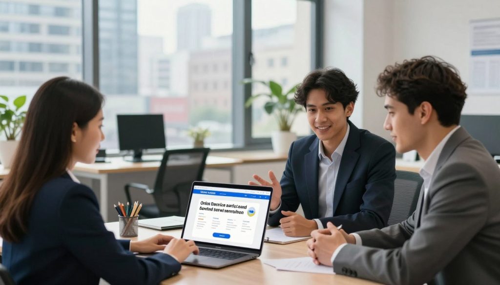 A modern, vibrant workspace illustrating the benefits of an online service over traditional banking. In the foreground, a diverse group of three professionals, dressed in smart business attire, are engaged in a discussion around a laptop displaying a bright, user-friendly interface of an online loan service. In the middle ground, a large window reveals a bustling cityscape, hinting at convenience and accessibility. The background features sleek office furniture and plants, creating an inviting atmosphere. Soft daylight filters through the window, enhancing the scene's productivity and optimism. The overall mood is dynamic and encouraging, reflecting a shift towards modern financial solutions in Ukraine. A modern, vibrant workspace illustrating the benefits of an online service over traditional banking. In the foreground, a diverse group of three professionals, dressed in smart business attire, are engaged in a discussion around a laptop displaying a bright, user-friendly interface of an online loan service. In the middle ground, a large window reveals a bustling cityscape, hinting at convenience and accessibility. The background features sleek office furniture and plants, creating an inviting atmosphere. Soft daylight filters through the window, enhancing the scene's productivity and optimism. The overall mood is dynamic and encouraging, reflecting a shift towards modern financial solutions in Ukraine.