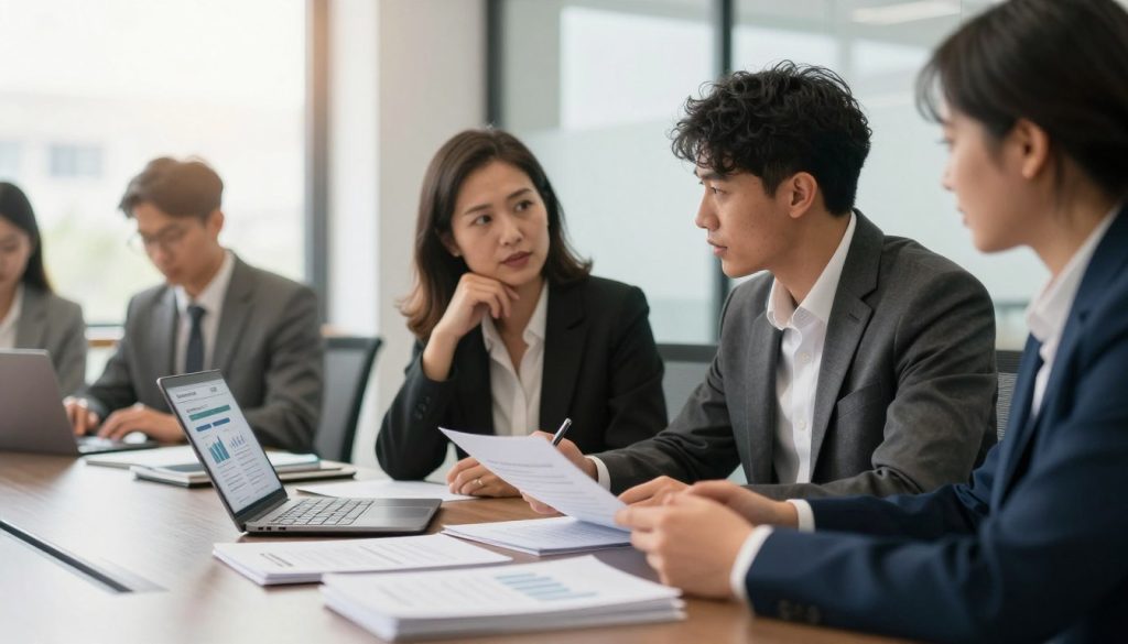 A professional business environment showcasing a diverse group of individuals, including a middle-aged woman and a young man, discussing financial documents at a sleek conference table. The foreground features stacks of paper and a laptop open to a financial application page. In the middle, the two individuals engage in conversation, dressed in smart professional attire, with thoughtful expressions. The background is softly blurred, revealing a modern office space with natural light streaming through large windows, casting a warm glow. The atmosphere conveys a sense of collaboration and opportunity, emphasizing optimism and professionalism in the context of securing loans. Capture this scene with a wide-angle lens to include the ambiance of the office. A professional business environment showcasing a diverse group of individuals, including a middle-aged woman and a young man, discussing financial documents at a sleek conference table. The foreground features stacks of paper and a laptop open to a financial application page. In the middle, the two individuals engage in conversation, dressed in smart professional attire, with thoughtful expressions. The background is softly blurred, revealing a modern office space with natural light streaming through large windows, casting a warm glow. The atmosphere conveys a sense of collaboration and opportunity, emphasizing optimism and professionalism in the context of securing loans. Capture this scene with a wide-angle lens to include the ambiance of the office.