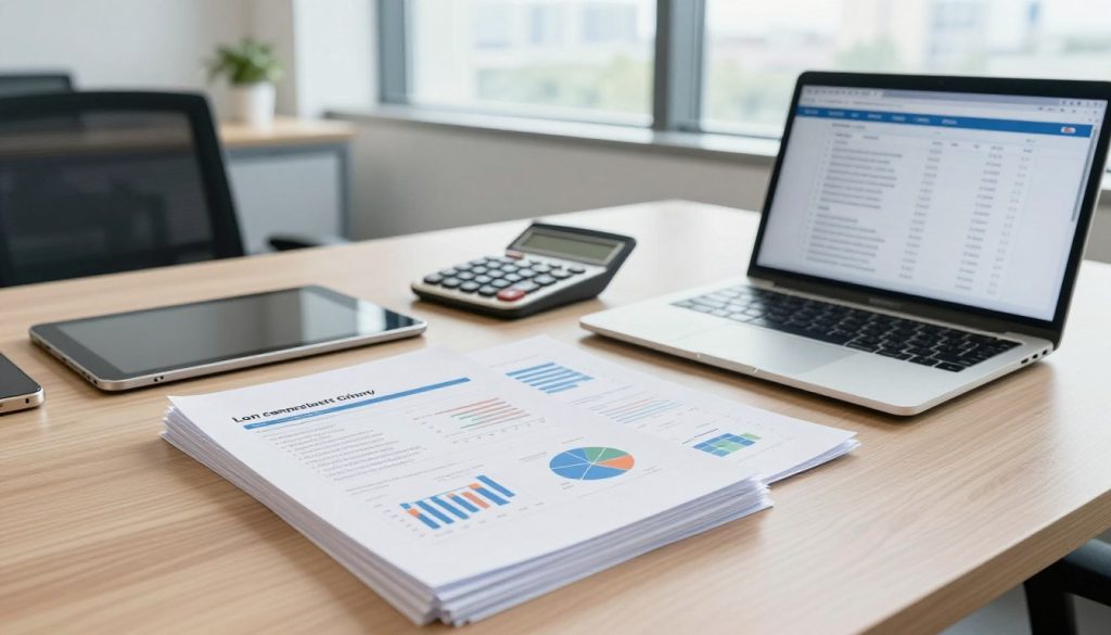 A professional office setting featuring an organized workspace with various financial documents and technical equipment. In the foreground, there’s a neatly arranged stack of loans comparison papers with graphs and charts, alongside a sleek laptop displaying financial data. In the middle ground, include a calculator and a set of technical tools, like a tablet and a smartphone, all designed to symbolize the digital aspects of online loans. The background showcases a modern office with large windows allowing natural light, illuminating the space to create a bright and inviting atmosphere. The overall mood should be focused and professional, conveying a sense of trust and clarity in financial matters. Use a wide-angle lens to capture the entire scene effectively. A professional office setting featuring an organized workspace with various financial documents and technical equipment. In the foreground, there’s a neatly arranged stack of loans comparison papers with graphs and charts, alongside a sleek laptop displaying financial data. In the middle ground, include a calculator and a set of technical tools, like a tablet and a smartphone, all designed to symbolize the digital aspects of online loans. The background showcases a modern office with large windows allowing natural light, illuminating the space to create a bright and inviting atmosphere. The overall mood should be focused and professional, conveying a sense of trust and clarity in financial matters. Use a wide-angle lens to capture the entire scene effectively.