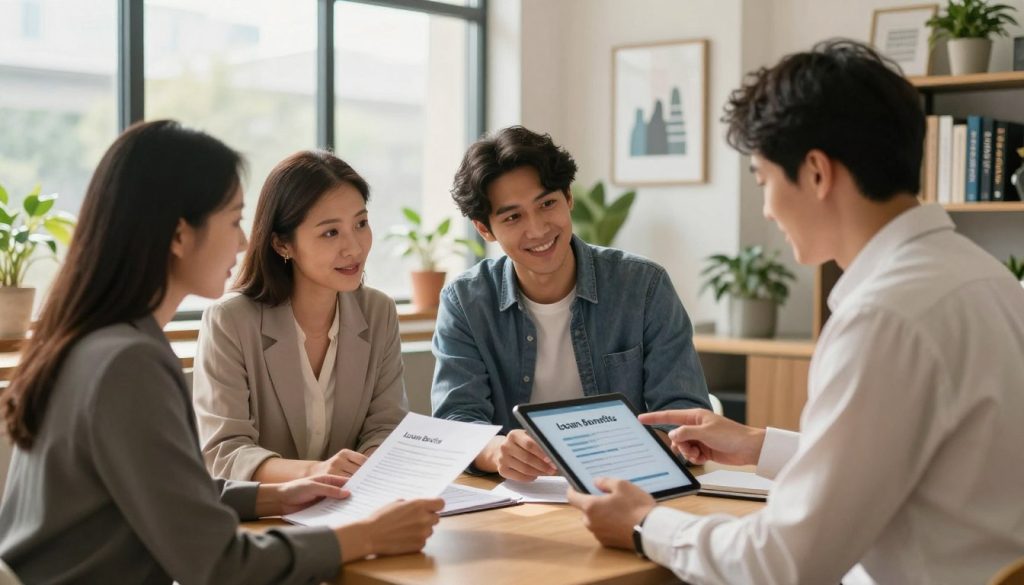 A professional office setting featuring diverse clients engaging in discussions about loan benefits. In the foreground, two clients, a middle-aged woman in business attire and a young man in a smart casual outfit, are reviewing documents with a financial advisor, who is pointing at potential benefits on a tablet. The middle ground displays an inviting, modern office with large windows allowing warm, natural light to flood the space. Potted plants and motivational artwork adorn the walls, creating a welcoming atmosphere. In the background, we see a bookshelf filled with financial literature. The overall mood is optimistic and collaborative, emphasizing the opportunities available for loyal customers. The image should be well-composed, focusing on the interactions, with a slightly blurred background to highlight the main subjects. A professional office setting featuring diverse clients engaging in discussions about loan benefits. In the foreground, two clients, a middle-aged woman in business attire and a young man in a smart casual outfit, are reviewing documents with a financial advisor, who is pointing at potential benefits on a tablet. The middle ground displays an inviting, modern office with large windows allowing warm, natural light to flood the space. Potted plants and motivational artwork adorn the walls, creating a welcoming atmosphere. In the background, we see a bookshelf filled with financial literature. The overall mood is optimistic and collaborative, emphasizing the opportunities available for loyal customers. The image should be well-composed, focusing on the interactions, with a slightly blurred background to highlight the main subjects.