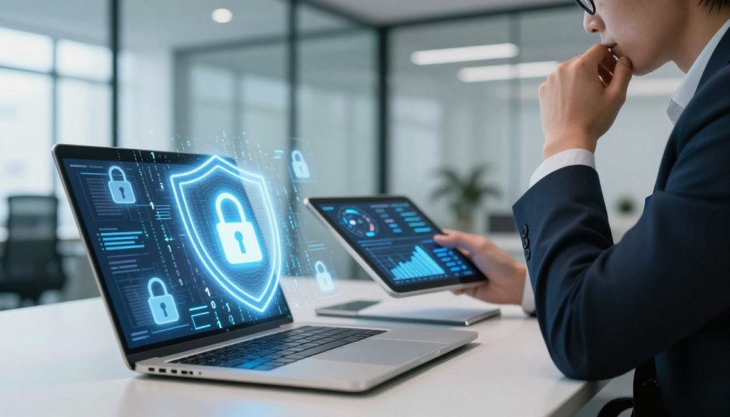 A professional office setting, focusing on data security and transaction protection. In the foreground, a sleek laptop displays a holographic shield symbolizing personal data security. Surrounding the laptop, there are abstract representations of binary code and lock icons, emphasizing cybersecurity. In the middle, an individual dressed in business attire is seen thoughtfully analyzing security graphs and charts on a digital tablet. The background features a modern office with glass walls, softly illuminated by natural light filtering through, creating a clean, professional atmosphere. The overall mood is one of vigilance and trust, highlighting the importance of safeguarding personal information in financial transactions. A professional office setting, focusing on data security and transaction protection. In the foreground, a sleek laptop displays a holographic shield symbolizing personal data security. Surrounding the laptop, there are abstract representations of binary code and lock icons, emphasizing cybersecurity. In the middle, an individual dressed in business attire is seen thoughtfully analyzing security graphs and charts on a digital tablet. The background features a modern office with glass walls, softly illuminated by natural light filtering through, creating a clean, professional atmosphere. The overall mood is one of vigilance and trust, highlighting the importance of safeguarding personal information in financial transactions.