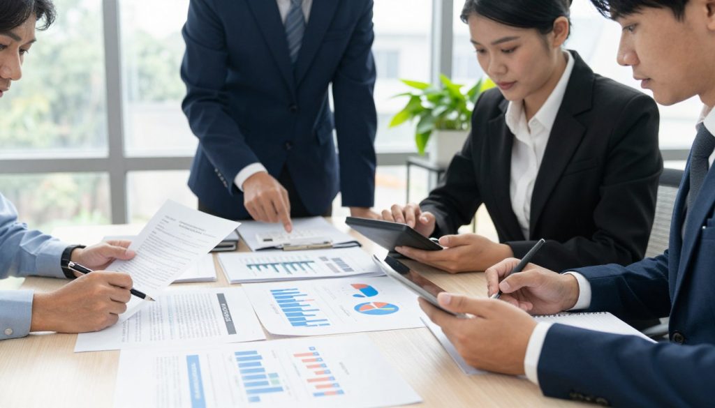 A professional office setting focusing on the theme of lending conditions. In the foreground, a diverse group of individuals in professional business attire—one person reviewing documents, another discussing details with a calculator in hand, and a third taking notes on a tablet. The middle ground features a large table with legal documents and loan information spread across it, including graphs and pie charts representing interest rates and borrower requirements. The background showcases a bright, modern office with large windows letting in soft, natural light, and potted plants adding a touch of greenery. The overall atmosphere is focused and collaborative, reflecting serious discussions about credit conditions and borrowing terms in a clear, professional manner. A professional office setting focusing on the theme of lending conditions. In the foreground, a diverse group of individuals in professional business attire—one person reviewing documents, another discussing details with a calculator in hand, and a third taking notes on a tablet. The middle ground features a large table with legal documents and loan information spread across it, including graphs and pie charts representing interest rates and borrower requirements. The background showcases a bright, modern office with large windows letting in soft, natural light, and potted plants adding a touch of greenery. The overall atmosphere is focused and collaborative, reflecting serious discussions about credit conditions and borrowing terms in a clear, professional manner.