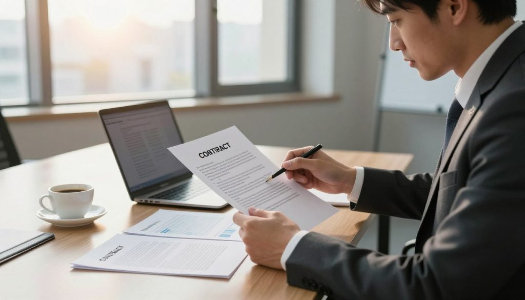 A professional office setting illustrating the concept of contract extension. In the foreground, a business executive, dressed in formal attire, is reviewing a contract document with a focused expression. The middle ground features a modern meeting table with a laptop, a cup of coffee, and a few financial reports spread out, symbolizing financial discussions. The background showcases a large window with sunlight filtering through, casting warm light into the room, and cityscape views. Soft shadows create a calm and professional atmosphere, emphasizing the importance of financial decisions and the contract extension process. The overall mood is serious yet optimistic, reflecting opportunities in financial agreements.