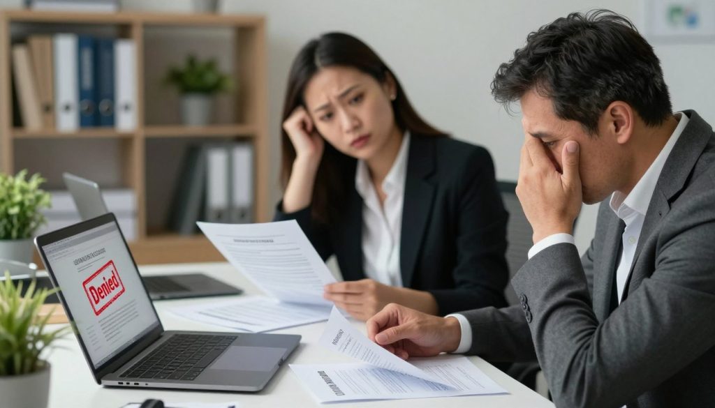 A professional office setting, showcasing a desk cluttered with paperwork related to loan applications. In the foreground, a dejected person in business attire, a middle-aged Caucasian man with a worried expression, looks at a letter beside a laptop that displays a red "Denied" stamp. In the middle ground, a woman in smart casual attire, of Asian descent, is reviewing a financial report, with expressions of concern on her face as she contemplates the reasons for loan denial. The background features a softly lit office, with a bookshelf filled with finance books and potted plants for a touch of life. The atmosphere is tense and filled with uncertainty, captured with a shallow depth of field, emphasizing the emotional weight of the scene.