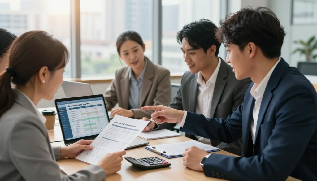 A professional office setting showcasing a diverse group of individuals discussing personal loans. In the foreground, a middle-aged woman in business attire examines a financial document, while a young man in a suit points toward a laptop screen displaying loan comparison charts. In the middle, a table features a calculator, a notepad, and a coffee cup, conveying a collaborative atmosphere. The background reveals large windows with a cityscape view, allowing natural light to stream in, casting a warm glow on the scene. The mood is focused and optimistic, capturing the essence of financial opportunities for individuals and entrepreneurs. The image is framed with a slight depth of field effect, emphasizing the subjects while subtly blurring the background. A professional office setting showcasing a diverse group of individuals discussing personal loans. In the foreground, a middle-aged woman in business attire examines a financial document, while a young man in a suit points toward a laptop screen displaying loan comparison charts. In the middle, a table features a calculator, a notepad, and a coffee cup, conveying a collaborative atmosphere. The background reveals large windows with a cityscape view, allowing natural light to stream in, casting a warm glow on the scene. The mood is focused and optimistic, capturing the essence of financial opportunities for individuals and entrepreneurs. The image is framed with a slight depth of field effect, emphasizing the subjects while subtly blurring the background.