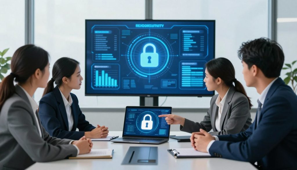 A professional office setting showcasing data security. In the foreground, a diverse group of business professionals—two men and two women—are engaged in a serious discussion around a sleek conference table, each dressed in smart business attire. One of them points to a laptop displaying a lock symbol, signifying data protection. In the middle ground, a large digital screen displays complex data encryption graphics and security protocols, emphasizing reliability. The backdrop features a modern office with large windows, letting in soft natural light that creates a bright and optimistic atmosphere. A subtle blue color scheme dominates, symbolizing trust and security. The overall mood is collaborative and focused, reflecting the importance of personal data safety in financial decisions.