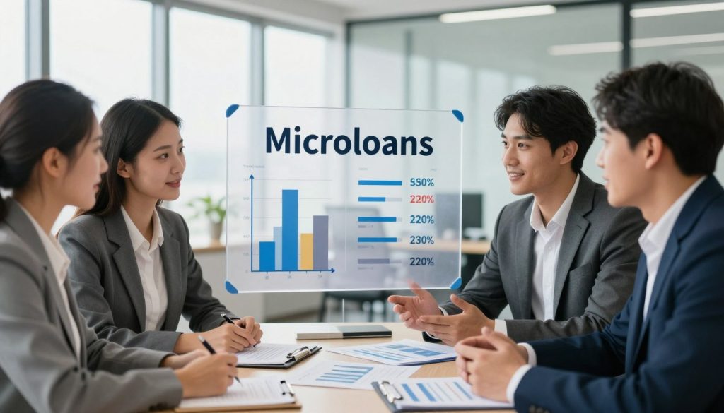 A professional office setting showcasing the concept of microloans as superior to bank loans. In the foreground, a diverse group of three business professionals, a man and two women, are engaged in a discussion around a table covered with financial documents and charts. They are dressed in smart business attire. In the middle, a large transparent chart displays favorable statistics and comparisons between microloans and traditional bank loans, emphasizing lower interest rates and easier access. The background features a modern office with large windows allowing natural light to flood in, creating a bright and optimistic atmosphere. Soft, diffused lighting enhances the focus on the group, while a shallow depth of field subtly blurs the background. The mood is collaborative and positive, indicating financial empowerment and support.