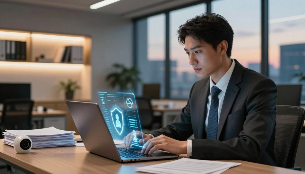 A professional office setting with a focus on digital security. In the foreground, a confident business professional in smart attire (a suit and tie for men or business dress for women) is closely examining a laptop screen displaying a graphical representation of data encryption symbols and a shield icon symbolizing personal data protection. In the middle ground, there are elements like stacks of client forms and a security camera, emphasizing the emphasis on client safety. In the background, a softly illuminated modern office with shelves of books on data privacy and large windows showing a cityscape at dusk, creating a serene yet vigilant atmosphere. The lighting is warm and welcoming, capturing a sense of trust and professionalism. A professional office setting with a focus on digital security. In the foreground, a confident business professional in smart attire (a suit and tie for men or business dress for women) is closely examining a laptop screen displaying a graphical representation of data encryption symbols and a shield icon symbolizing personal data protection. In the middle ground, there are elements like stacks of client forms and a security camera, emphasizing the emphasis on client safety. In the background, a softly illuminated modern office with shelves of books on data privacy and large windows showing a cityscape at dusk, creating a serene yet vigilant atmosphere. The lighting is warm and welcoming, capturing a sense of trust and professionalism.