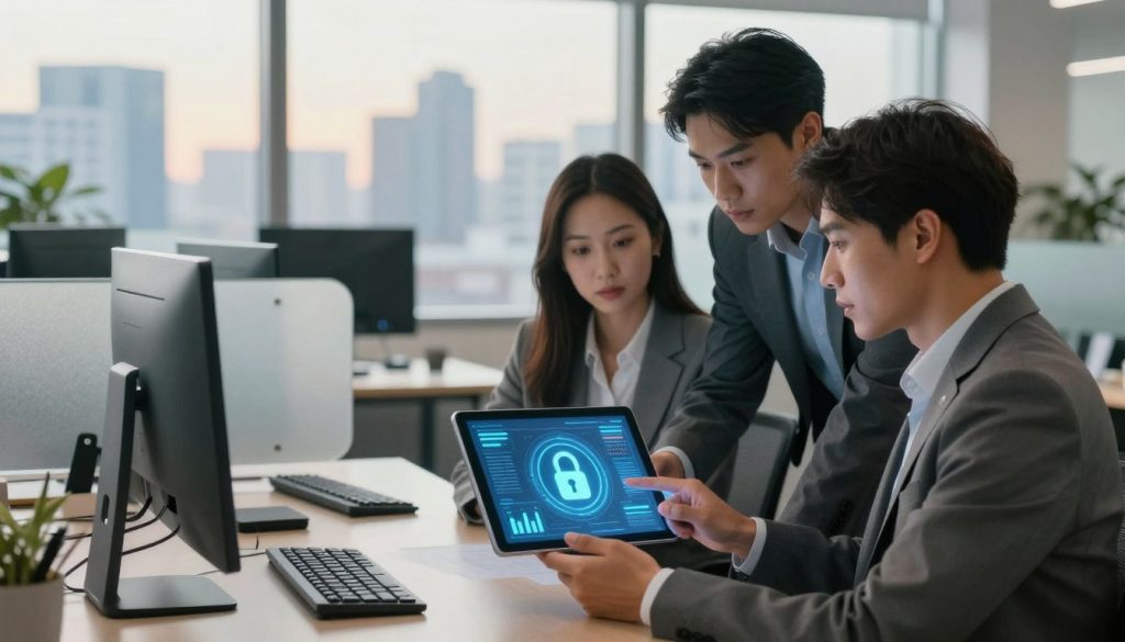 A professional, secure office environment depicting the theme of personal data safety. In the foreground, a diverse group of three individuals in professional business attire, focused on a digital tablet displaying a lock symbol and data graphs, symbolizing secure online transactions. The middle layer showcases a modern desk and computer setup with privacy screens, representing the importance of data protection. In the background, a large window reveals a city skyline, softly illuminated by natural light, creating an atmosphere of trust and professionalism. The lighting is warm and inviting yet highlights the seriousness of data security. The composition conveys a sense of vigilance and care in safeguarding personal information. A professional, secure office environment depicting the theme of personal data safety. In the foreground, a diverse group of three individuals in professional business attire, focused on a digital tablet displaying a lock symbol and data graphs, symbolizing secure online transactions. The middle layer showcases a modern desk and computer setup with privacy screens, representing the importance of data protection. In the background, a large window reveals a city skyline, softly illuminated by natural light, creating an atmosphere of trust and professionalism. The lighting is warm and inviting yet highlights the seriousness of data security. The composition conveys a sense of vigilance and care in safeguarding personal information.
