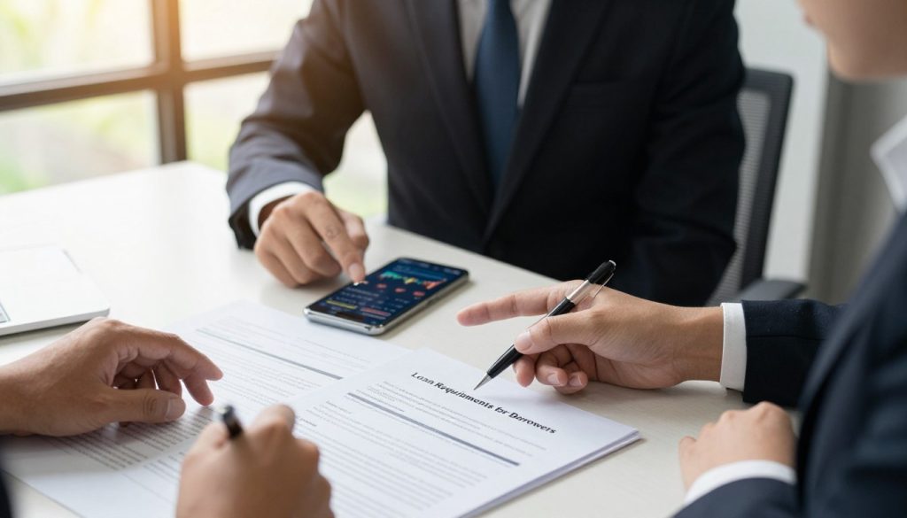 A professional setting showcasing a business meeting regarding loan requirements. In the foreground, include a table with several documents detailing the "Loan Requirements for Borrowers" prominently displayed, along with a pen. A business person in formal attire, a male and a female, are engaged in discussion, pointing at the documents, suggesting collaboration. In the middle ground, a smartphone lies open, displaying financial application graphics, symbolizing modern banking. The background features a large window with soft, natural lighting illuminating the room, creating a warm and inviting atmosphere. The angle is slightly elevated, capturing a dynamic view of the interaction while maintaining a professional and focused tone. The overall mood is one of professionalism, diligence, and clarity, emphasizing trust and transparency in financial matters. A professional setting showcasing a business meeting regarding loan requirements. In the foreground, include a table with several documents detailing the "Loan Requirements for Borrowers" prominently displayed, along with a pen. A business person in formal attire, a male and a female, are engaged in discussion, pointing at the documents, suggesting collaboration. In the middle ground, a smartphone lies open, displaying financial application graphics, symbolizing modern banking. The background features a large window with soft, natural lighting illuminating the room, creating a warm and inviting atmosphere. The angle is slightly elevated, capturing a dynamic view of the interaction while maintaining a professional and focused tone. The overall mood is one of professionalism, diligence, and clarity, emphasizing trust and transparency in financial matters.