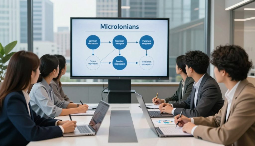 A professional setting showcasing the application process for microloans. In the foreground, a diverse group of individuals, dressed in business casual attire, are seated at a sleek, modern conference table. They are focused on filling out forms and discussing options, with laptops and charts in front of them. In the middle ground, a large digital screen displays a simple flowchart illustrating the application steps. The background features a glass wall with a city skyline view, emphasizing a busy urban environment. Soft, natural lighting streams in from the window, creating a calm yet focused atmosphere. The angle should capture both the people and the screen, highlighting the collaborative environment of applying for funds.