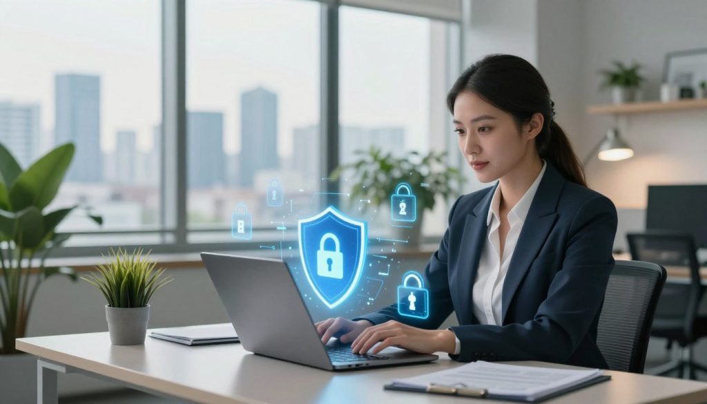 A serene office environment illustrating the theme of personal data protection. In the foreground, a confident professional in a smart business suit is working on a laptop at a sleek desk, surrounded by digital security elements like floating encrypted data symbols and a shield icon. The middle ground features a glass window with a view of a city skyline under soft natural lighting, enhancing the mood of security and trust. In the background, the room is filled with plants and modern decor, fostering a sense of calm. The lighting is bright yet warm, creating an inviting atmosphere. Capture the essence of safety, highlighting themes of technology and privacy without any clutter or distractions. The overall color palette should be soothing blues and greens, promoting a feeling of reassurance. A serene office environment illustrating the theme of personal data protection. In the foreground, a confident professional in a smart business suit is working on a laptop at a sleek desk, surrounded by digital security elements like floating encrypted data symbols and a shield icon. The middle ground features a glass window with a view of a city skyline under soft natural lighting, enhancing the mood of security and trust. In the background, the room is filled with plants and modern decor, fostering a sense of calm. The lighting is bright yet warm, creating an inviting atmosphere. Capture the essence of safety, highlighting themes of technology and privacy without any clutter or distractions. The overall color palette should be soothing blues and greens, promoting a feeling of reassurance.