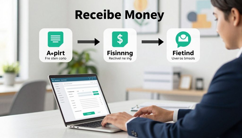 A step-by-step guide on how to receive money, illustrated with a clear and engaging infographic style. In the foreground, display a professional-looking person in business attire interacting with a laptop showing a digital banking interface, conveying a sense of efficiency and modern technology. In the middle, include graphical elements like arrows and icons representing each step of the money transfer process, such as applying for a loan, receiving confirmation, and accessing funds. In the background, depict an inviting, softly-lit office environment with subtle greenery and motivational artwork on the walls, creating a positive and focused atmosphere. The overall mood should be professional yet approachable, emphasizing clarity and guidance in financial processes. A step-by-step guide on how to receive money, illustrated with a clear and engaging infographic style. In the foreground, display a professional-looking person in business attire interacting with a laptop showing a digital banking interface, conveying a sense of efficiency and modern technology. In the middle, include graphical elements like arrows and icons representing each step of the money transfer process, such as applying for a loan, receiving confirmation, and accessing funds. In the background, depict an inviting, softly-lit office environment with subtle greenery and motivational artwork on the walls, creating a positive and focused atmosphere. The overall mood should be professional yet approachable, emphasizing clarity and guidance in financial processes.