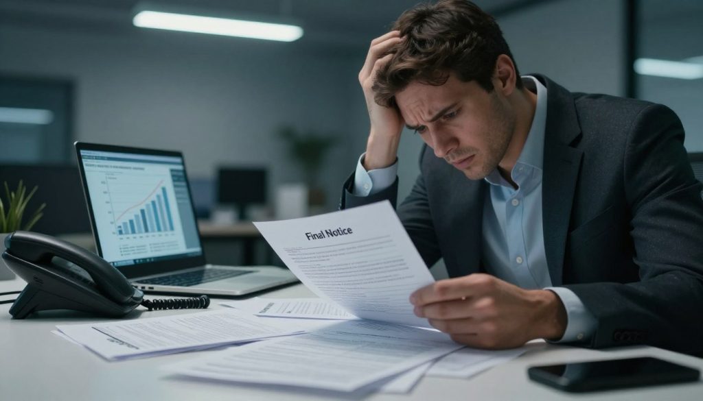 A stressed individual in a professional office setting, looking overwhelmed as they sift through a pile of overdue bills and paperwork scattered on the desk. The foreground features a close-up of their hand gripping a letter marked 'Final Notice', with a worried expression on their face. In the middle, an unmade phone placed next to a laptop displaying an alarming graph showcasing rising debt. The background reveals a dim office with a flickering fluorescent light, enhancing the sense of urgency and anxiety. The entire scene is illuminated with cool, harsh lighting to create a tense atmosphere, capturing the dire consequences of financial mismanagement. The composition should evoke a sense of dread and urgency while maintaining a professional tone suitable for an article.