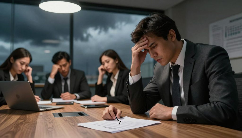 A tense business meeting scene illustrating the consequences of contract non-compliance. In the foreground, a concerned businessman in a fitted suit looks down at a broken contract on the table, his expression a mix of anxiety and regret. In the middle, colleagues seated at the table react with a mix of disappointment and frustration, highlighting the atmosphere of conflict and urgency. The background features a large window with stormy skies to enhance the mood of impending financial disaster. The lighting is dramatic, with overhead lights casting sharp shadows to emphasize the tension. The angle is slightly tilted for a more dynamic perspective, reflecting the instability caused by the situation. A tense business meeting scene illustrating the consequences of contract non-compliance. In the foreground, a concerned businessman in a fitted suit looks down at a broken contract on the table, his expression a mix of anxiety and regret. In the middle, colleagues seated at the table react with a mix of disappointment and frustration, highlighting the atmosphere of conflict and urgency. The background features a large window with stormy skies to enhance the mood of impending financial disaster. The lighting is dramatic, with overhead lights casting sharp shadows to emphasize the tension. The angle is slightly tilted for a more dynamic perspective, reflecting the instability caused by the situation.