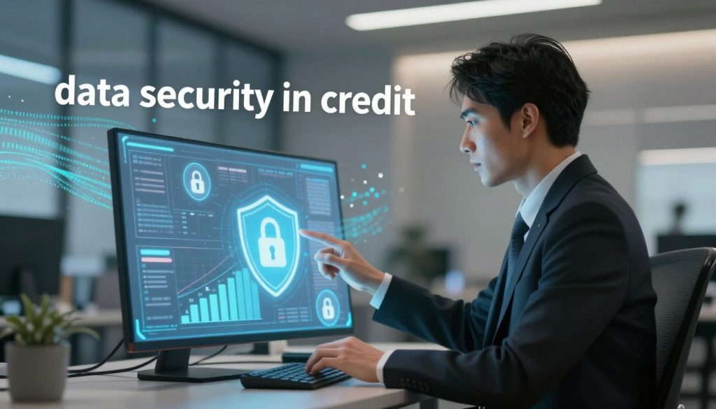 A visually compelling illustration depicting the theme of "data security in credit." In the foreground, a professional businessperson in smart attire is analyzing a digital screen featuring graphs and security icons, such as locks and shields. The middle layer showcases a modern office environment with soft, ambient lighting creating a focus on the individual and the screen. The background features abstract representations of digital data streams, conveying the concept of cybersecurity, with hints of binary code flowing gently. The mood is serious, yet optimistic, emphasizing the importance of protecting personal information in financial transactions. The scene is framed with a slight depth of field, adding focus to the subject while keeping the background appropriately blurred. A visually compelling illustration depicting the theme of "data security in credit." In the foreground, a professional businessperson in smart attire is analyzing a digital screen featuring graphs and security icons, such as locks and shields. The middle layer showcases a modern office environment with soft, ambient lighting creating a focus on the individual and the screen. The background features abstract representations of digital data streams, conveying the concept of cybersecurity, with hints of binary code flowing gently. The mood is serious, yet optimistic, emphasizing the importance of protecting personal information in financial transactions. The scene is framed with a slight depth of field, adding focus to the subject while keeping the background appropriately blurred.