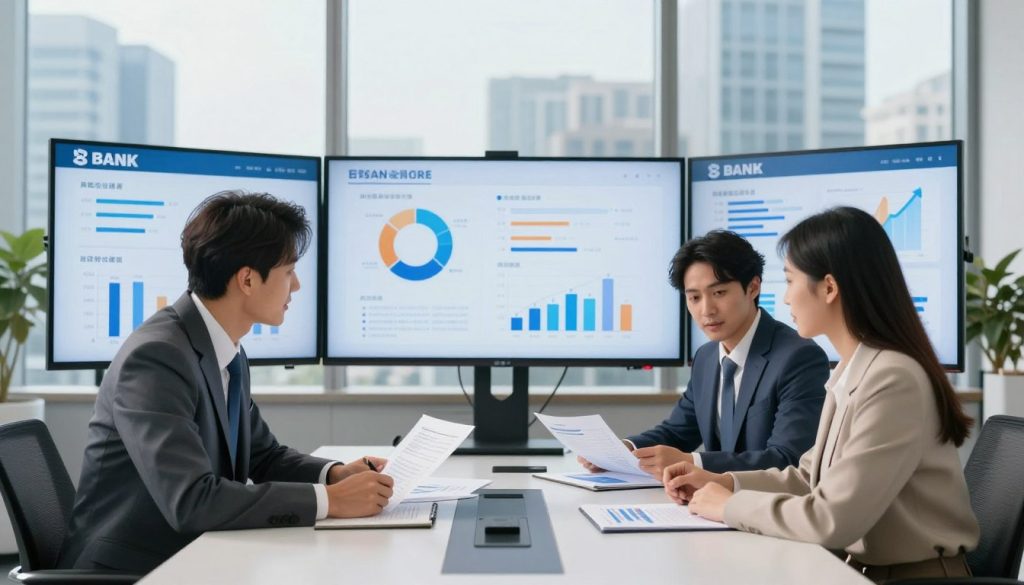 A visually engaging comparison of banks and financial companies, depicted in a professional office environment. In the foreground, two business professionals—one representing a bank, dressed in a tailored suit, and the other symbolizing a financial company, wearing smart casual attire—analyze documents and charts spread across a sleek conference table. In the middle, large digital screens display infographics illustrating various financial products and interest rates. The background features a modern office skyline visible through large windows, bathed in soft, natural daylight to create a bright and optimistic atmosphere. The scene conveys a sense of collaboration and analysis, highlighting the competitive nature of financial services.