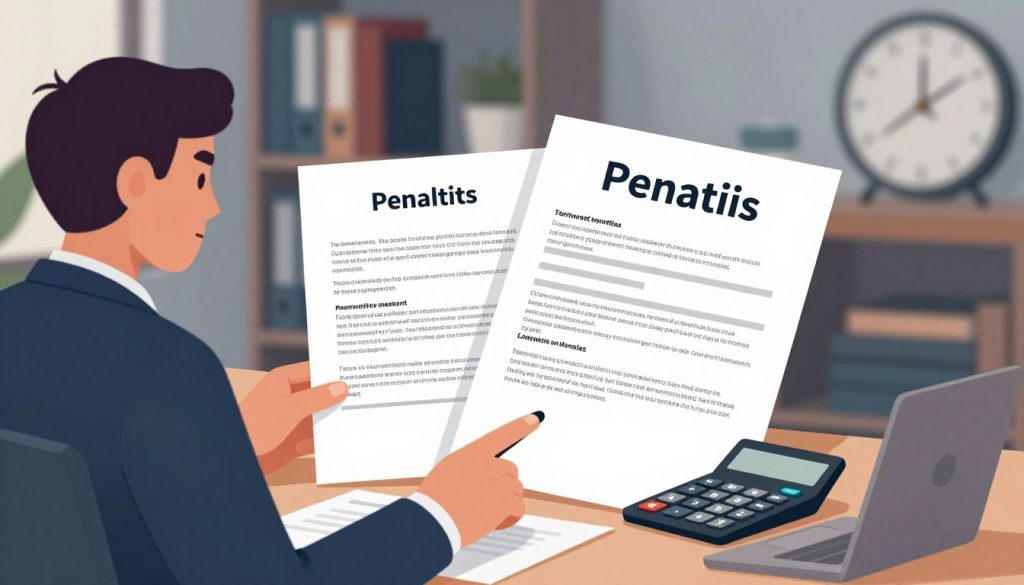 A visually striking and informative illustration depicting the concept of penalties for contract violations in an online loan context. In the foreground, a serious-looking businessperson in professional attire sits at a desk cluttered with paperwork and a calculator, analyzing late payment penalties. The middle ground features a close-up of documents, including a contract with highlighted sections and a calculator displaying a high number, symbolizing financial consequences. In the background, a blurred office setting with shelves of financial books and a clock showing time running out enhances the urgency of the situation. Soft, focused lighting illuminates the scene, creating a serious and contemplative atmosphere, while shadows add depth, emphasizing the weight of the consequences. The overall mood conveys a sense of urgency and caution regarding compliance with financial agreements. A visually striking and informative illustration depicting the concept of penalties for contract violations in an online loan context. In the foreground, a serious-looking businessperson in professional attire sits at a desk cluttered with paperwork and a calculator, analyzing late payment penalties. The middle ground features a close-up of documents, including a contract with highlighted sections and a calculator displaying a high number, symbolizing financial consequences. In the background, a blurred office setting with shelves of financial books and a clock showing time running out enhances the urgency of the situation. Soft, focused lighting illuminates the scene, creating a serious and contemplative atmosphere, while shadows add depth, emphasizing the weight of the consequences. The overall mood conveys a sense of urgency and caution regarding compliance with financial agreements.
