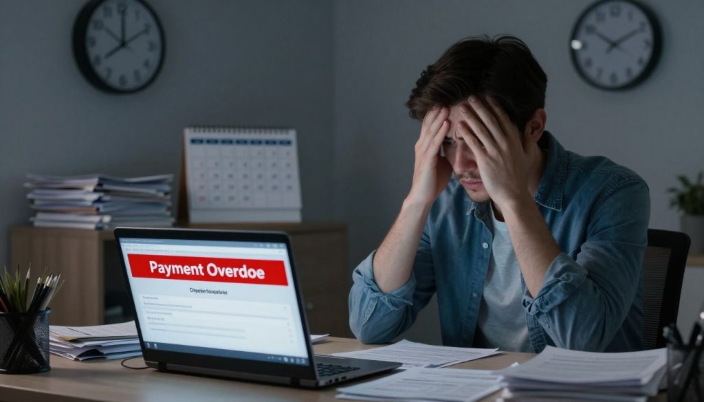 A worried young professional sitting at a desk covered with overdue bills and a laptop, showing distressed expressions. In the foreground, a close-up of a laptop screen displaying a notification of “Payment Overdue” in a stark red alert. In the middle background, a pile of unpaid bills and a calendar marked with missed payment dates, emphasizing urgency. The setting is a small, cluttered home office, with dim lighting casting shadows that add to the tension. A clock on the wall shows late evening, suggesting time running out. The atmosphere is tense and worried, reflecting the gravity of overdue payments. The overall color palette is muted, featuring shades of grey and blue, highlighting a feeling of financial stress and urgency. A worried young professional sitting at a desk covered with overdue bills and a laptop, showing distressed expressions. In the foreground, a close-up of a laptop screen displaying a notification of “Payment Overdue” in a stark red alert. In the middle background, a pile of unpaid bills and a calendar marked with missed payment dates, emphasizing urgency. The setting is a small, cluttered home office, with dim lighting casting shadows that add to the tension. A clock on the wall shows late evening, suggesting time running out. The atmosphere is tense and worried, reflecting the gravity of overdue payments. The overall color palette is muted, featuring shades of grey and blue, highlighting a feeling of financial stress and urgency.